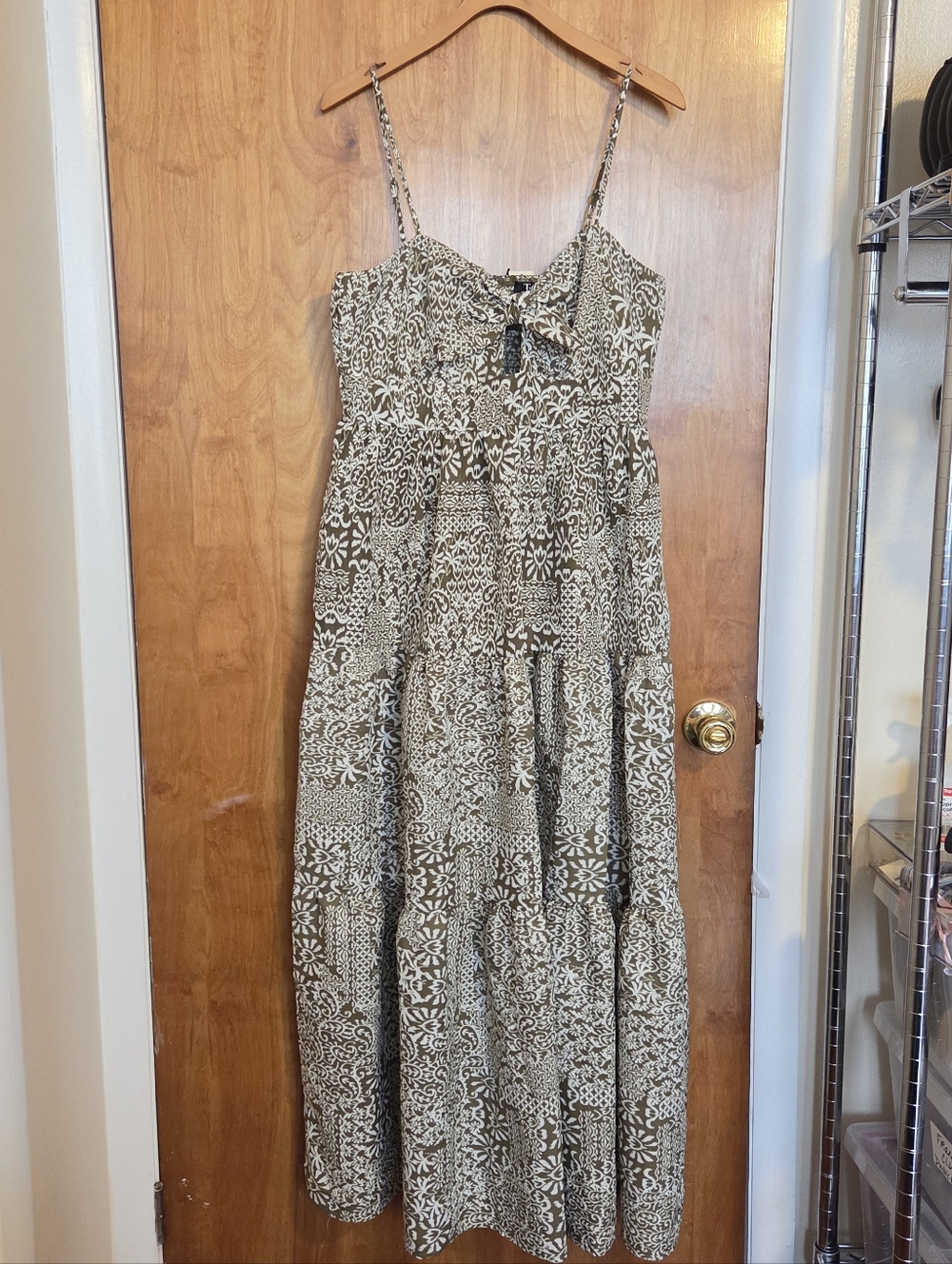 Francesca's Printed Tiered Maxi Dress in Olive and White